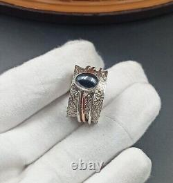 Indian Gemstone Obsidian Ring 925 Sterling Silver Spinner Hammered Vintage Style