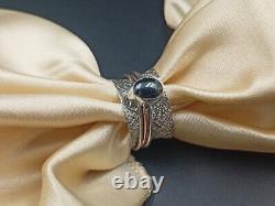 Indian Gemstone Obsidian Ring 925 Sterling Silver Spinner Hammered Vintage Style
