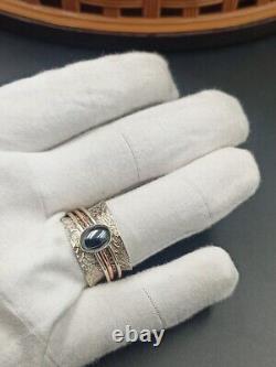 Indian Gemstone Obsidian Ring 925 Sterling Silver Spinner Hammered Vintage Style