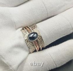 Indian Gemstone Obsidian Ring 925 Sterling Silver Spinner Hammered Vintage Style