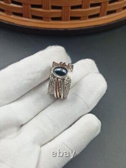Indian Gemstone Obsidian Ring 925 Sterling Silver Spinner Hammered Vintage Style