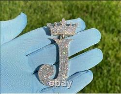 Initial Letter J Crown Diamond Custom Made Pendant 14K White Gold Finish 2.00Ct