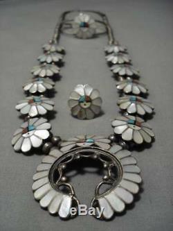 Intricate! Vintage Zuni Turquoise Coral Sterling Silver Squash Blossom Necklace