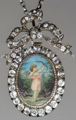 LARGE Antique Georgian Silver Gilt Paste MOP Cupid Locket Pendant Necklace c1790