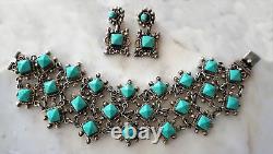 LARGE TAXCO Sterling Silver Turquoise Bracelet and Earrings Set 126gr VINTAGE