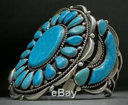 LARGE Vintage Navajo Sterling Silver Turquoise Cluster Cuff Bracelet