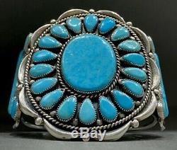 LARGE Vintage Navajo Sterling Silver Turquoise Cluster Cuff Bracelet