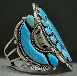 LARGE Vintage Navajo Sterling Silver Turquoise Cluster Cuff Bracelet