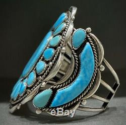 LARGE Vintage Navajo Sterling Silver Turquoise Cluster Cuff Bracelet