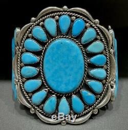 LARGE Vintage Navajo Sterling Silver Turquoise Cluster Cuff Bracelet