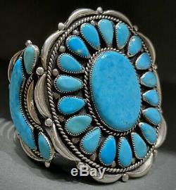 LARGE Vintage Navajo Sterling Silver Turquoise Cluster Cuff Bracelet