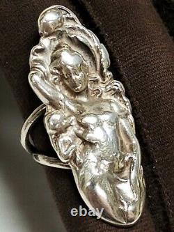 LONG 1 3/4 Antique ART NOUVEAU Sterling Silver Figural NUDE Woman Ring Size 5