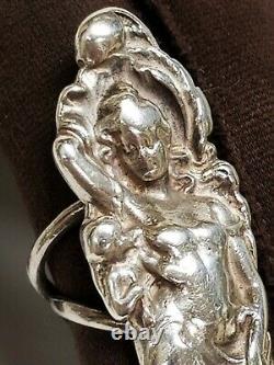 LONG 1 3/4 Antique ART NOUVEAU Sterling Silver Figural NUDE Woman Ring Size 5