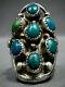 Long Vintage Navajo Native American Sterling Silver Turquoise Cluster Ring Old