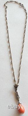 Ladies Vintage Sterling Silver Coral Pendant Chain