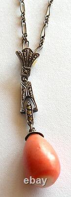 Ladies Vintage Sterling Silver Coral Pendant Chain