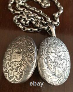 Large Antique Victorian Engraved Sterling Silver Locket Chain Necklace