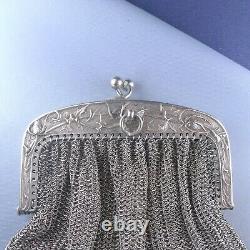 Large Art Nouveau Sterling Silver Thistle Mesh Purse / Antique Chatelaine Wallet