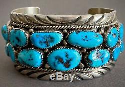 Large Vintage Navajo Sterling Silver Kingman Turquoise Cuff Bracelet 7.5 Wrist