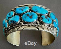 Large Vintage Navajo Sterling Silver Kingman Turquoise Cuff Bracelet 7.5 Wrist