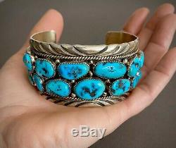 Large Vintage Navajo Sterling Silver Kingman Turquoise Cuff Bracelet 7.5 Wrist