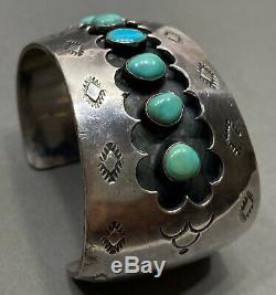 Large Vintage Navajo Sterling Silver Turquoise Cuff Bracelet OLD And HEAVY