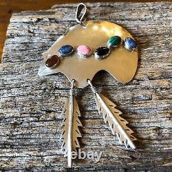 Large Vintage Sterling Silver Spirit Bear Multi Gem Stone Feather Pendant 18g