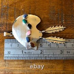 Large Vintage Sterling Silver Spirit Bear Multi Gem Stone Feather Pendant 18g