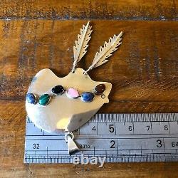 Large Vintage Sterling Silver Spirit Bear Multi Gem Stone Feather Pendant 18g