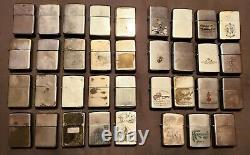Lot Of 35 Vintage Full Size Zippo Lighters 1940s 1970s Sterling silver cases