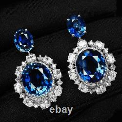 Luxurious Royal Blue Sapphire 25.17Ct 925 Sterling Silver White Gold Earrings