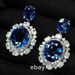 Luxurious Royal Blue Sapphire 25.17Ct 925 Sterling Silver White Gold Earrings
