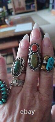 M Panteah Zuni Sterling Silver Needle Point Turquoise Coral Ring S. 5.5 Vintage