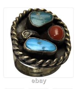 MASSIVE VINTAGE Hopi TURQUOISE CORAL STERLING SILVER RINGsz6.75