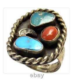 MASSIVE VINTAGE Hopi TURQUOISE CORAL STERLING SILVER RINGsz6.75