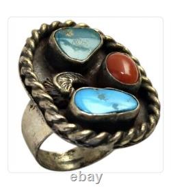 MASSIVE VINTAGE Hopi TURQUOISE CORAL STERLING SILVER RINGsz6.75