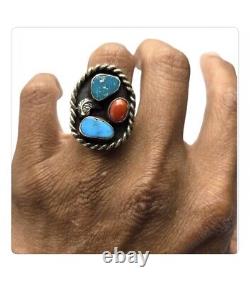 MASSIVE VINTAGE Hopi TURQUOISE CORAL STERLING SILVER RINGsz6.75