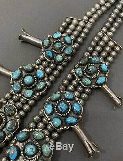 MASSIVE Vintage Ceremonial Navajo Silver Turquoise Squash Blossom Necklace 600g