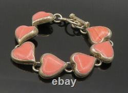 MEXICO 925 Silver Vintage Rhodochrosite Love Hearts Chain Bracelet BT6380