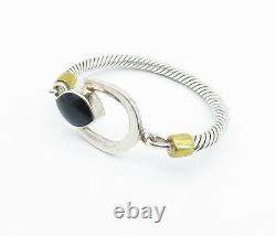 MEXICO 925 Sterling Silver Vintage Black Onyx Hook Bangle Bracelet BT2978