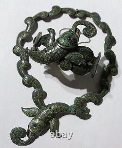 Margot De Taxco Mexico Vintage Sterling Green Enamel Fish Bracelet Necklace Set