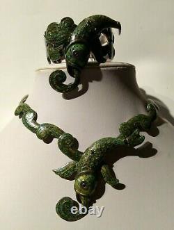 Margot De Taxco Mexico Vintage Sterling Green Enamel Fish Bracelet Necklace Set