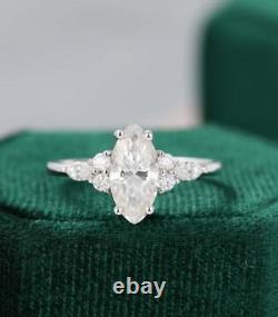 Marquise cut engagement Ring vintage Unique Cluster White Silver Lab Created