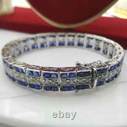Men's Vintage Art Deco Princess Sapphire Solid 925 Sterling Silver Bracelet 8