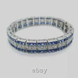 Men's Vintage Art Deco Princess Sapphire Solid 925 Sterling Silver Bracelet 8