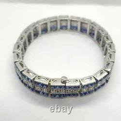 Men's Vintage Art Deco Princess Sapphire Solid 925 Sterling Silver Bracelet 8