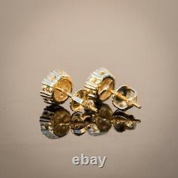 Mens Round Shape 14K Gold CZ Honey Comb Hip Hop Cluster Stud Screw Back Earrings