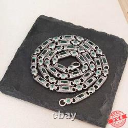 Mens Vintage Green Zircon Chain Retro Heavy Necklace 24in 925 Sterling Silver