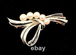 Mikimoto Vintage Sterling Silver & Akoya Pearls Ribbon Bow Brooch, Signed S & M