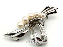 Mikimoto Vintage Sterling Silver & Akoya Pearls Ribbon Bow Brooch, Signed S & M